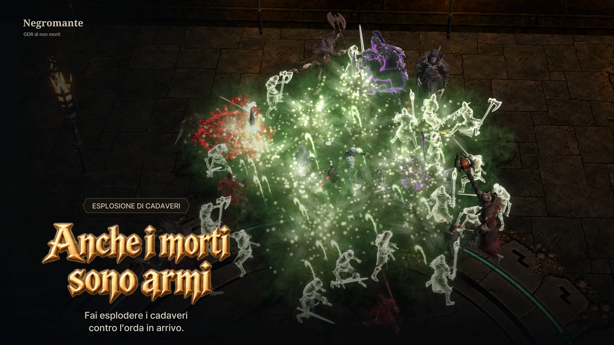 Immagine promozionale italiana dell'esplosione di cadaveri in Necromancer: Undead Legion RPG, fornita da Ancoach Studio.